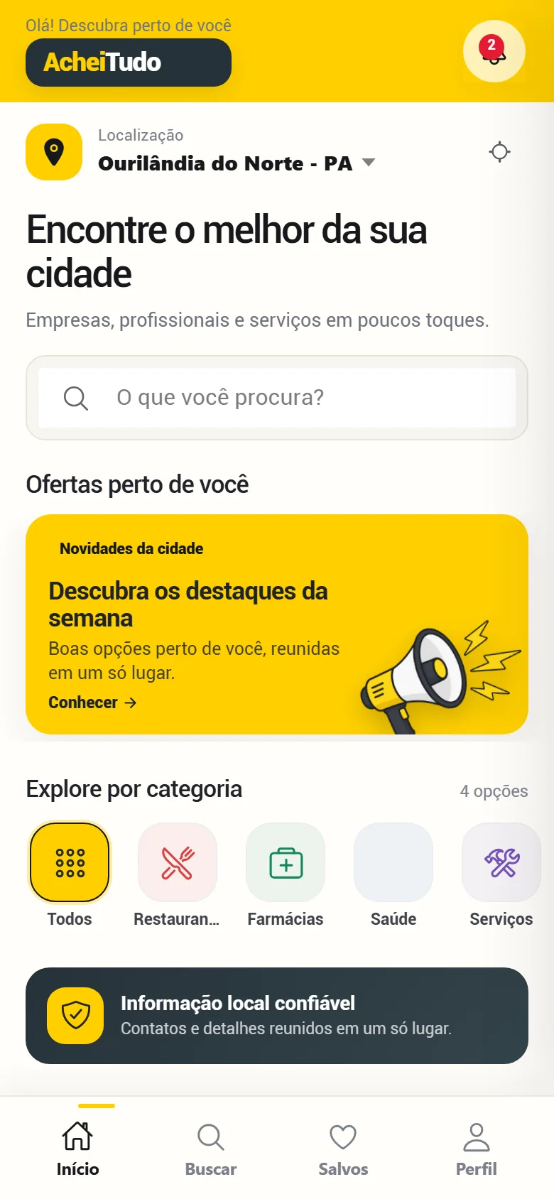 Tela inicial do AcheiTudo com busca, categorias e empresas